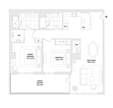 Floor plan for 2 beds, 2 baths, 1170 sqft